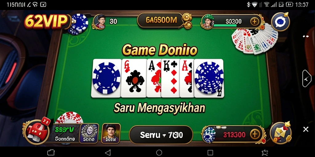Screenshot utama dari gameplay seru 62VIP yang menampilkan pertempuran di meja Domino.