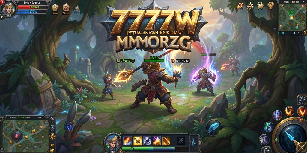 Screenshot utama <strong>7777W</strong> menampilkan pertempuran seru di dunia MMORPG.