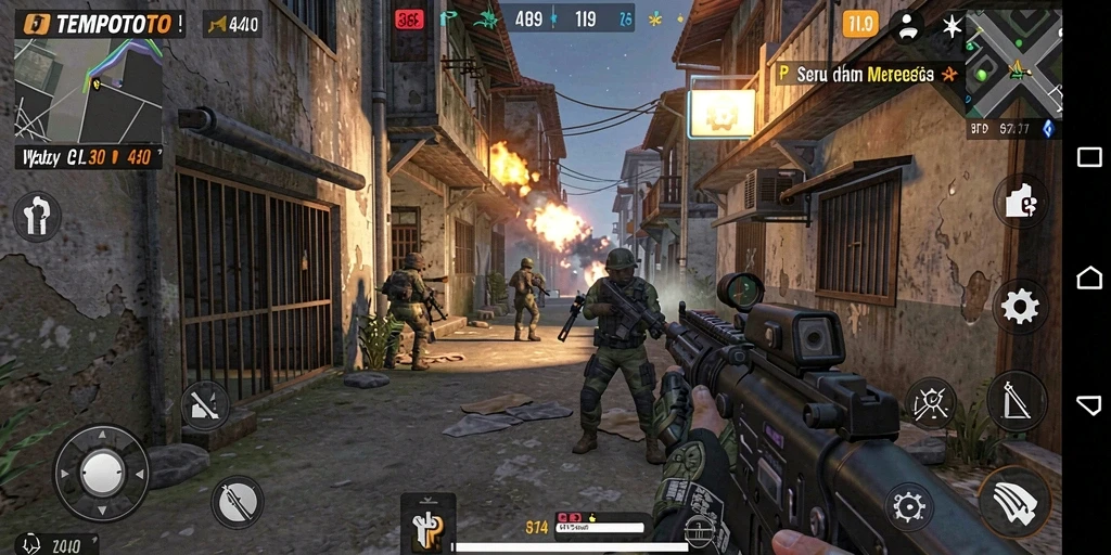 Screenshot gameplay seru dalam TEMPOTOTO, menampilkan aksi tembak-menembak yang mendebarkan.