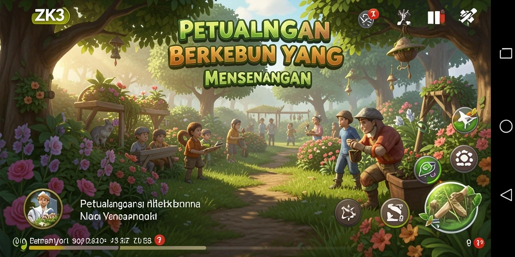 Screenshot gameplay ZK3 menunjukkan aktivitas berkebun yang asyik dan interaktif.